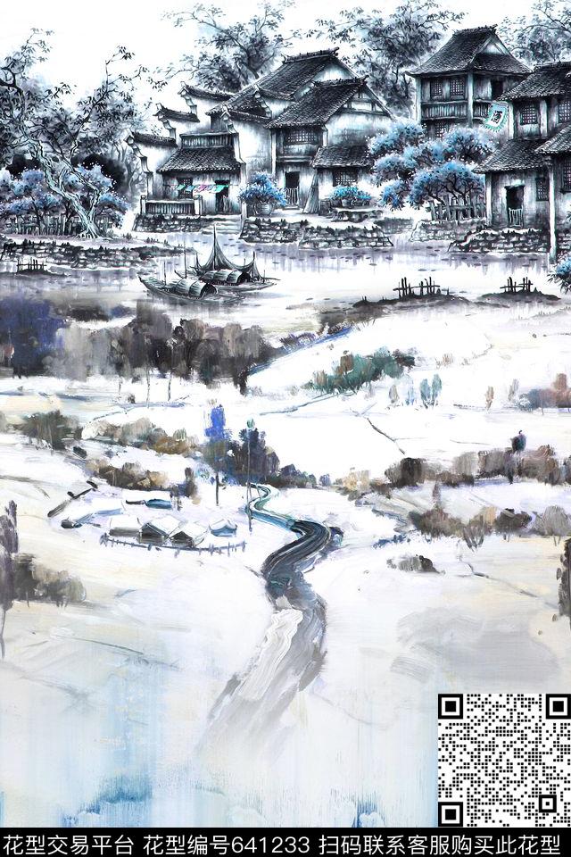 风景手绘水墨数码印花华亿平台下载（图片编号: 641233） - 瓦栏（Walan）