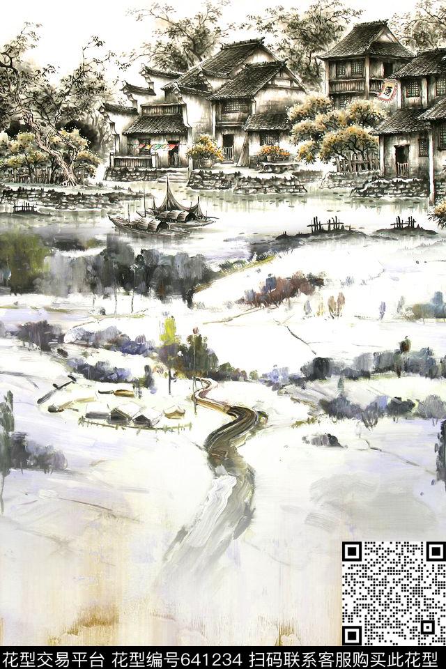 风景手绘水墨数码印花华亿平台下载（图片编号: 641234） - 瓦栏（Walan）