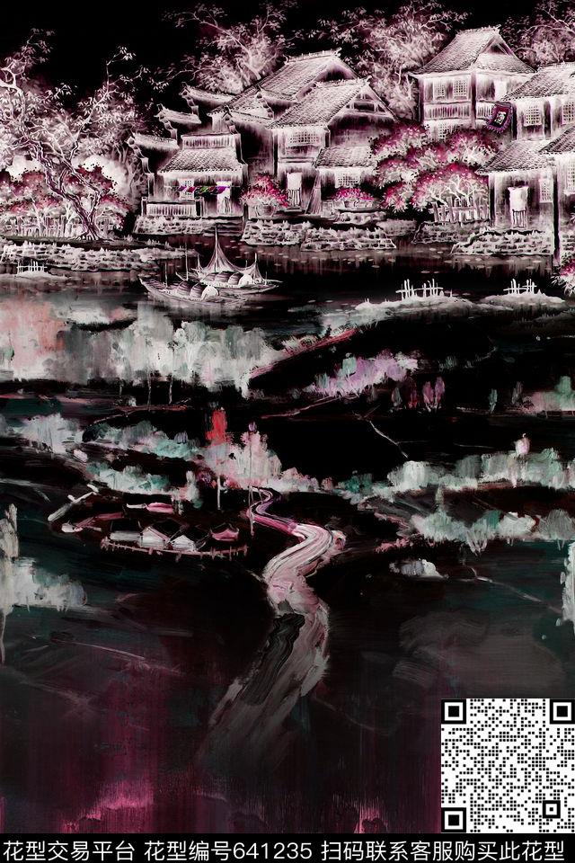 风景手绘水墨数码印花华亿平台下载（图片编号: 641235） - 瓦栏（Walan）