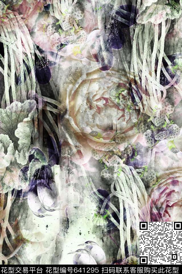 水墨抽象花卉淡雅花卉抽象花卉数码印花华亿平台下载（图片编号: 641295） - 瓦栏（Walan）