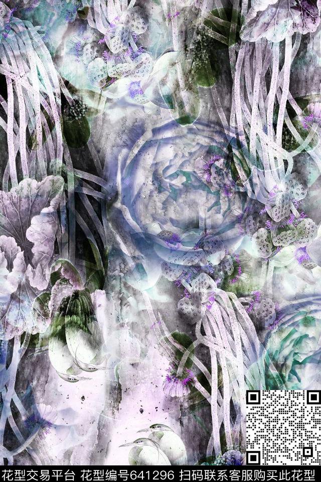 水墨抽象花卉淡雅花卉抽象花卉数码印花华亿平台下载（图片编号: 641296） - 瓦栏（Walan）