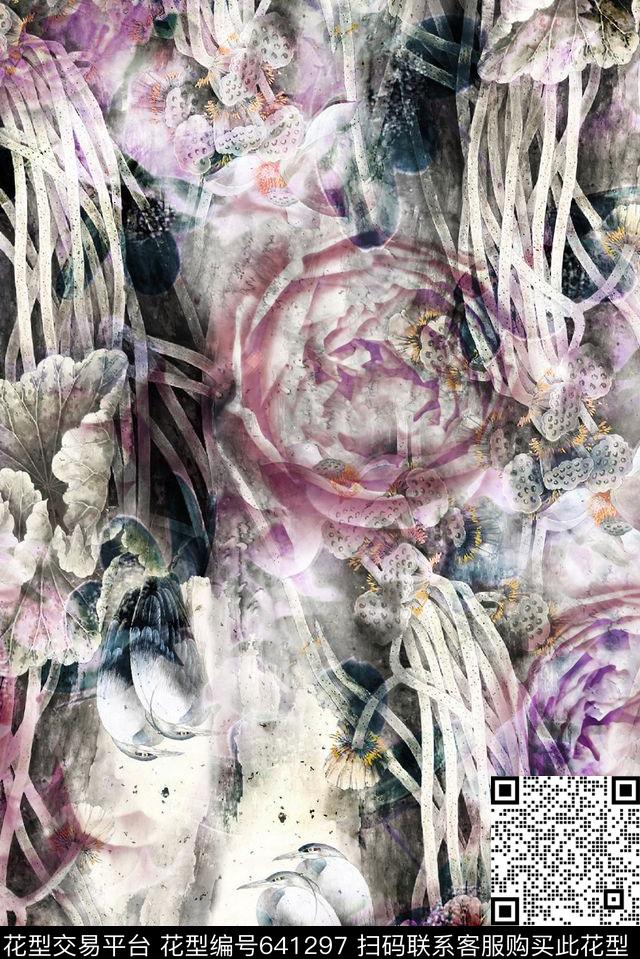 水墨抽象花卉淡雅花卉抽象花卉数码印花华亿平台下载（图片编号: 641297） - 瓦栏（Walan）