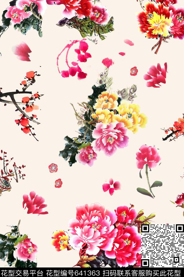 牡丹花卉传统数码印花华亿平台下载（图片编号: 641363） - 瓦栏（Walan）