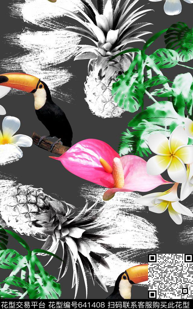 热带棕榈叶天堂鸟数码印花华亿平台下载（图片编号: 641408） - 瓦栏（Walan）