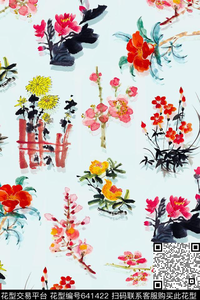 连衣裙手绘花卉旗袍数码印花华亿平台下载（图片编号: 641422） - 瓦栏（Walan）