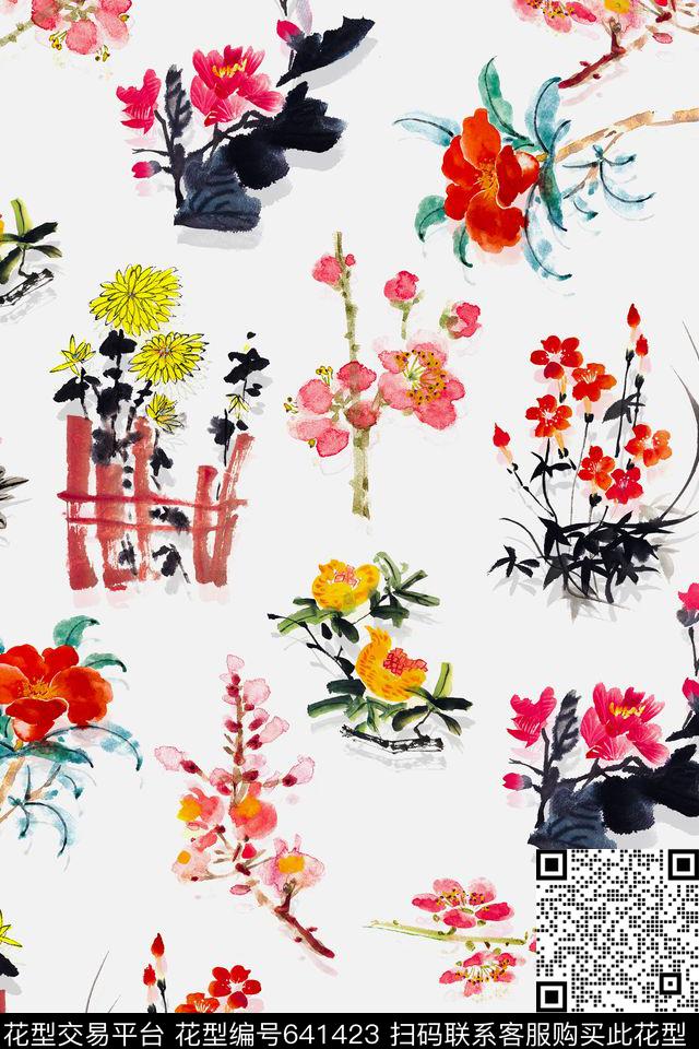 连衣裙手绘花卉旗袍数码印花华亿平台下载（图片编号: 641423） - 瓦栏（Walan）
