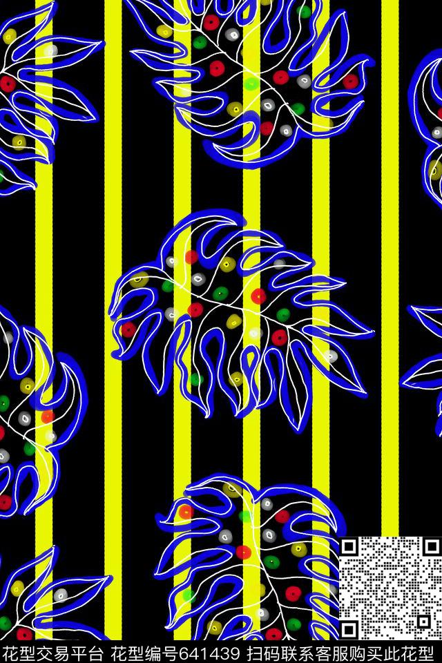 树叶+清爽条纹数码印花华亿平台下载（图片编号: 641439） - 瓦栏（Walan）