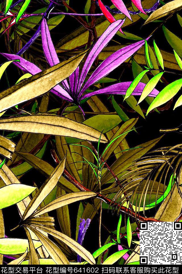 热带雨林手绘水彩植物数码印花华亿平台下载（图片编号: 641602） - 瓦栏（Walan）