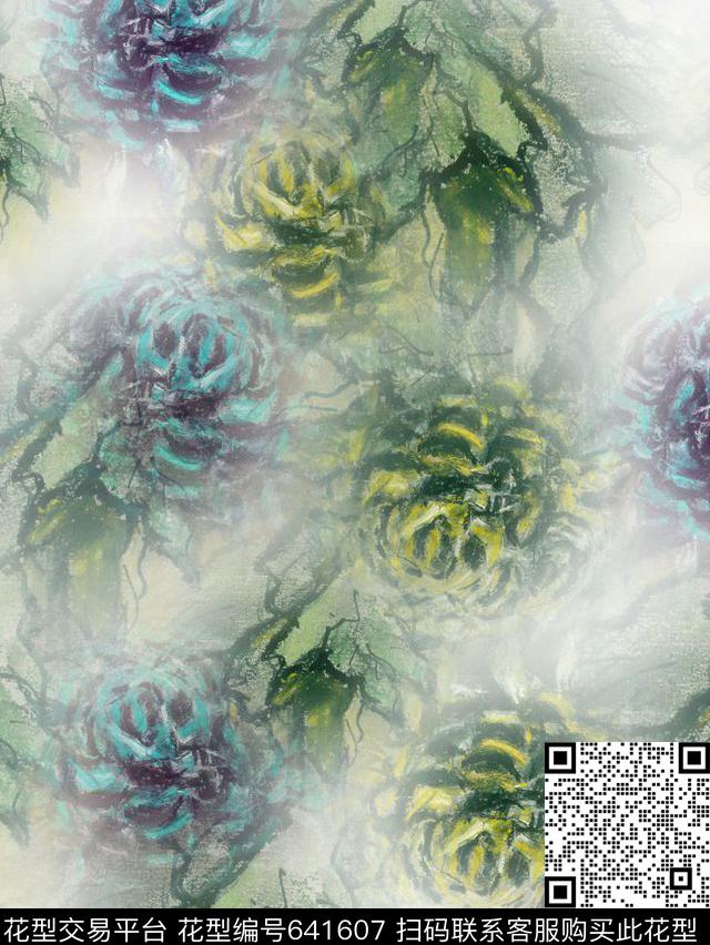 复古、油画、菊花数码印花华亿平台下载（图片编号: 641607） - 瓦栏（Walan）