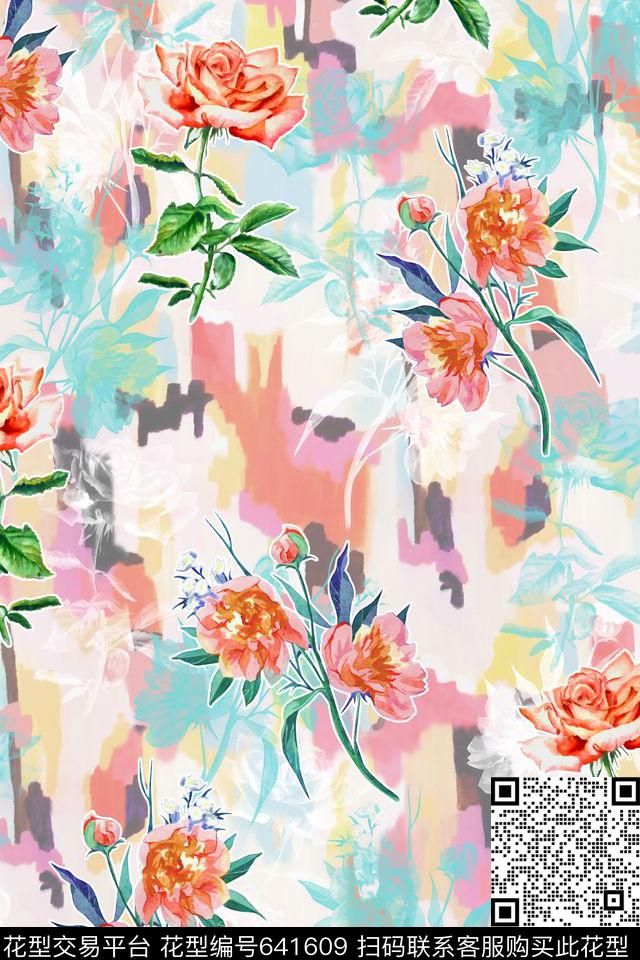 水彩花卉刷纹数码印花华亿平台下载（图片编号: 641609） - 瓦栏（Walan）