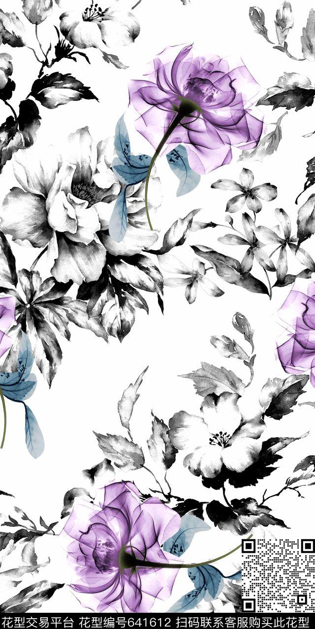 水墨花卉数码印花华亿平台下载（图片编号: 641612） - 瓦栏（Walan）