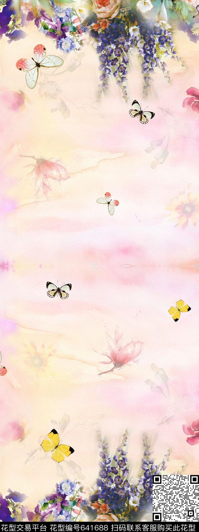 花卉蝴蝶双边定位数码印花华亿平台下载（图片编号: 641688） - 瓦栏（Walan）