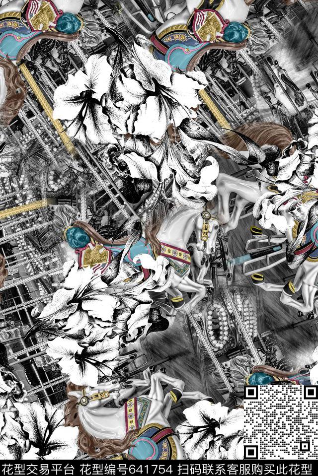 时尚抽象游乐园旋转木马数码印花时手绘花卉印花时尚大牌男装外套夹克卫衣T恤印花数码印花华亿平台下载（图片编号: 641754） - 瓦栏（Walan）