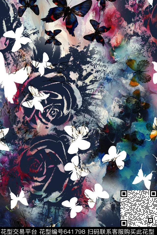 蝴蝶玫瑰肌理数码印花华亿平台下载（图片编号: 641798） - 瓦栏（Walan）