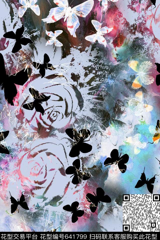 蝴蝶玫瑰肌理数码印花华亿平台下载（图片编号: 641799） - 瓦栏（Walan）