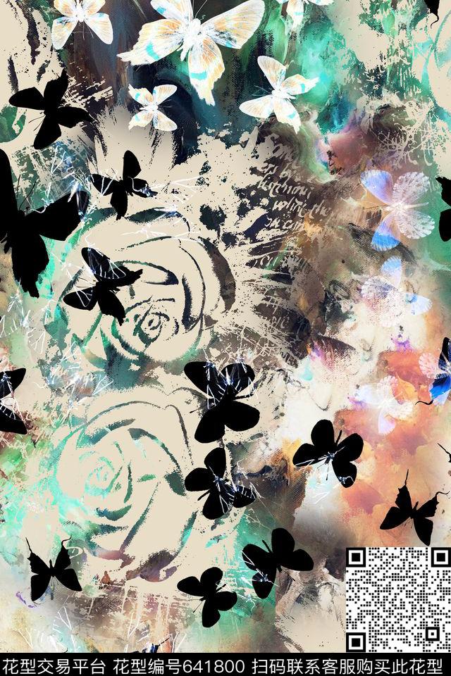蝴蝶玫瑰肌理数码印花华亿平台下载（图片编号: 641800） - 瓦栏（Walan）