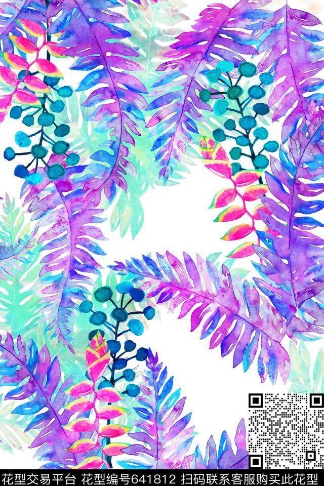 热带风情棕榈叶水彩风数码印花华亿平台下载（图片编号: 641812） - 瓦栏（Walan）