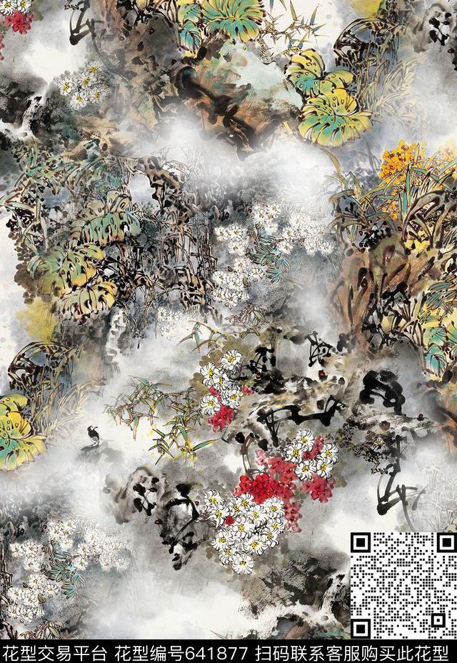 水墨花卉雏菊花卉数码印花华亿平台下载（图片编号: 641877） - 瓦栏（Walan）