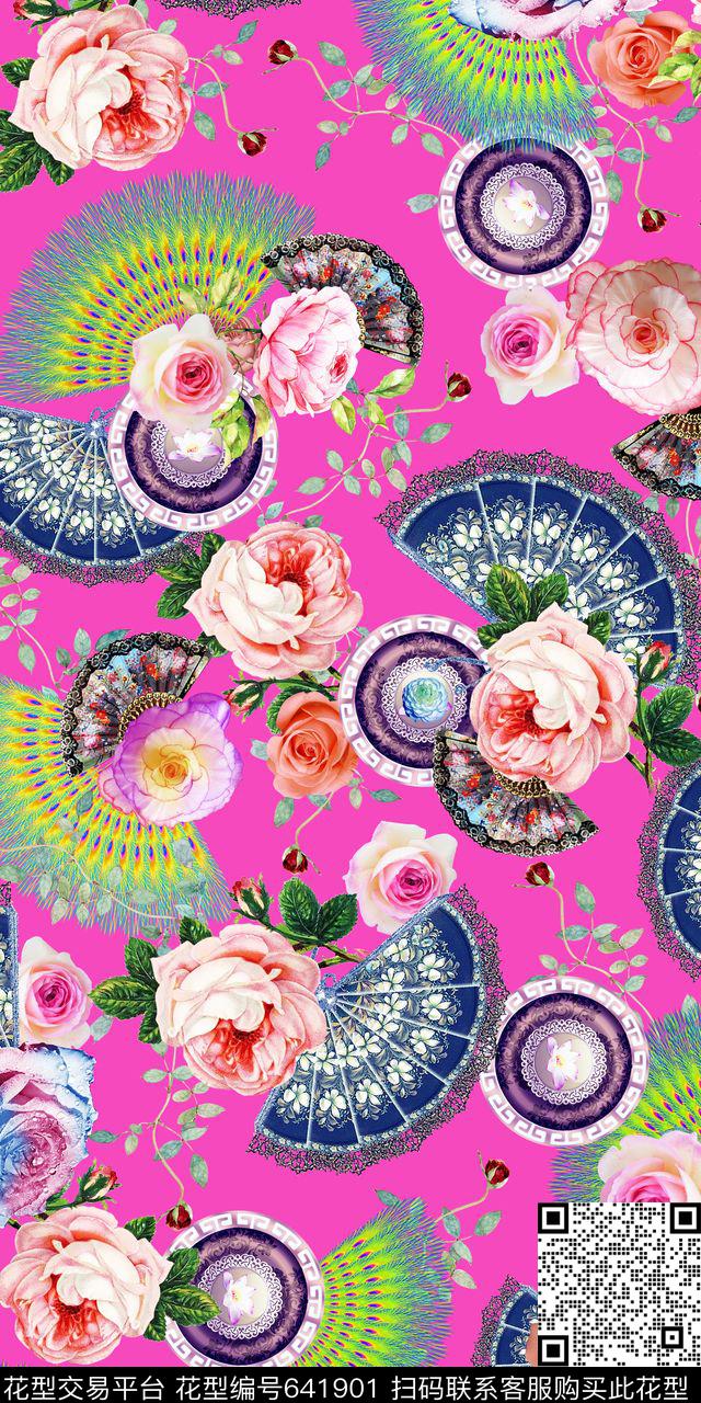 大气时尚扇子女装数码花卉数码印花华亿平台下载（图片编号: 641901） - 瓦栏（Walan）