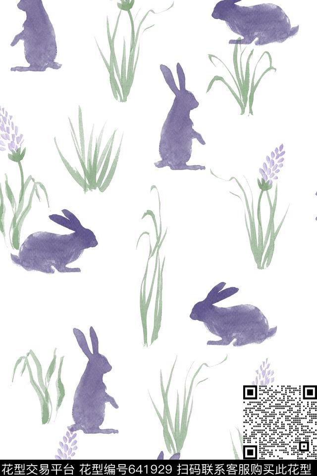 手绘兔子花草花卉数码印花华亿平台下载（图片编号: 641929） - 瓦栏（Walan）
