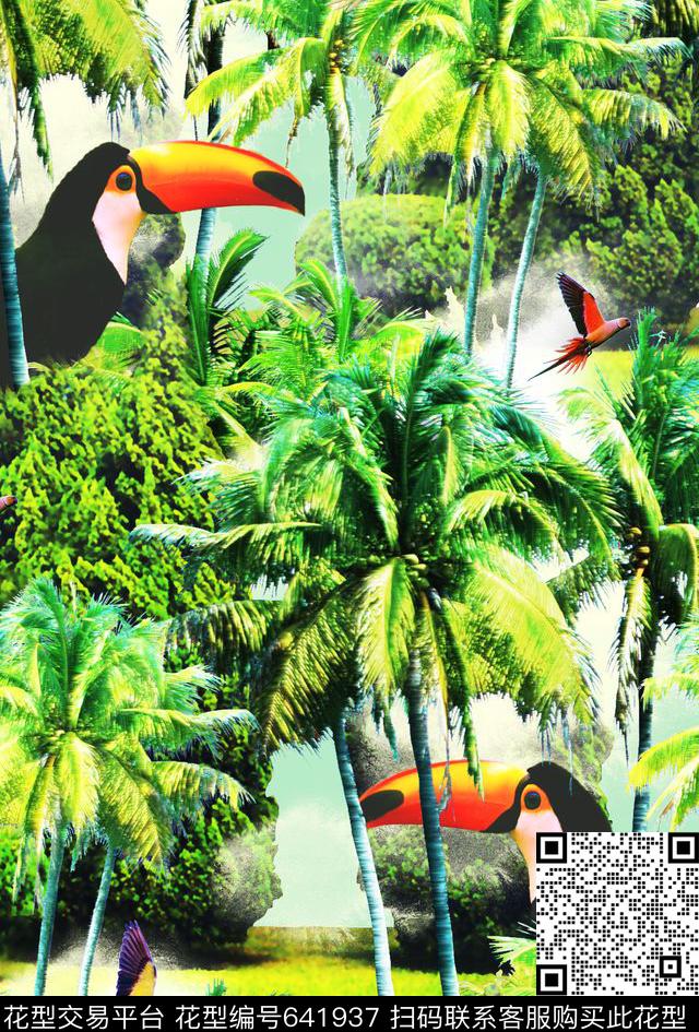 天堂鸟棕榈树热带雨林数码印花华亿平台下载（图片编号: 641937） - 瓦栏（Walan）