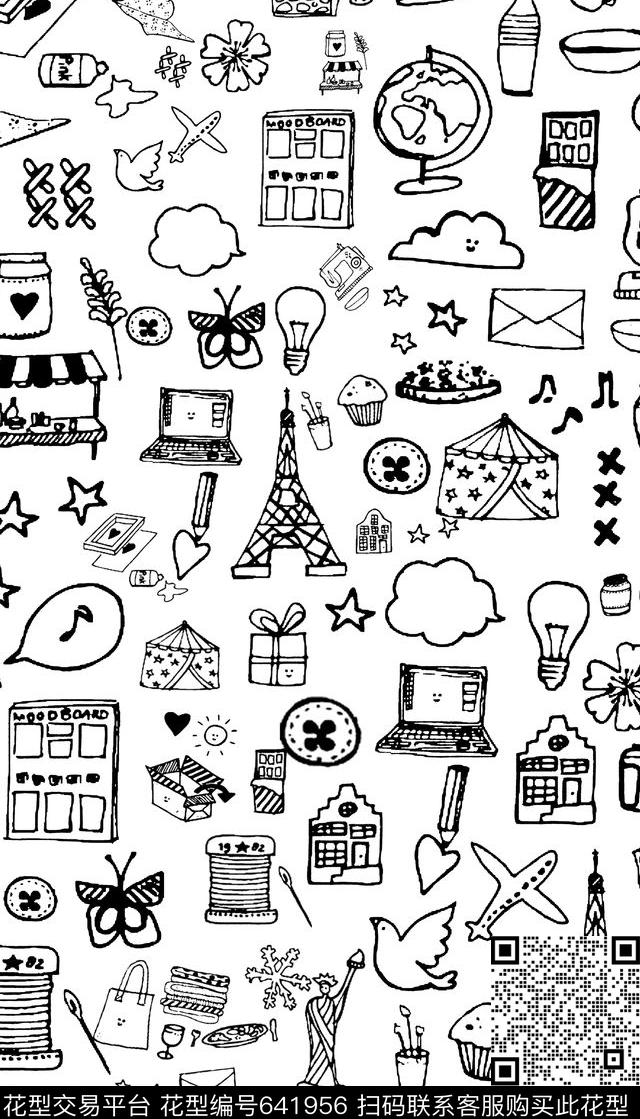 创意简约小清新抽象涂鸦组合黑白传统印花华亿平台下载（图片编号: 641956） - 瓦栏（Walan）