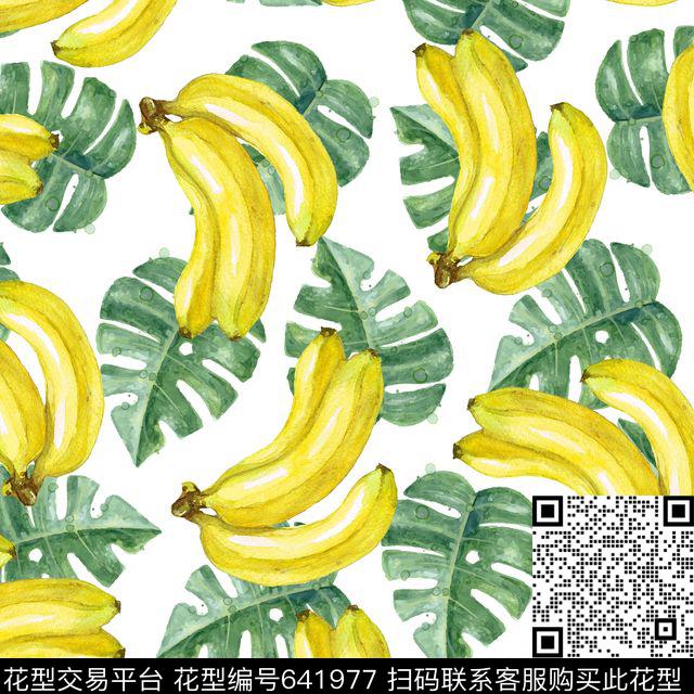 趣味水果香蕉。手绘水彩树叶杜嘉班纳风格趣味水果女装华亿平台传统印花华亿平台下载（图片编号: 641977） - 瓦栏（Walan）