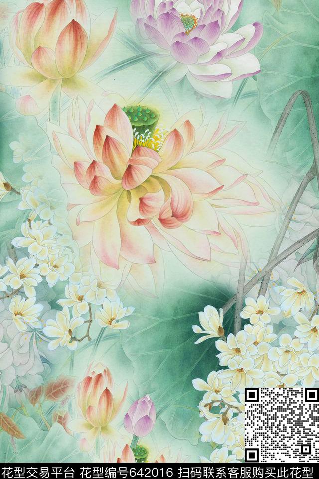 花朵莲花花卉数码印花华亿平台下载（图片编号: 642016） - 瓦栏（Walan）