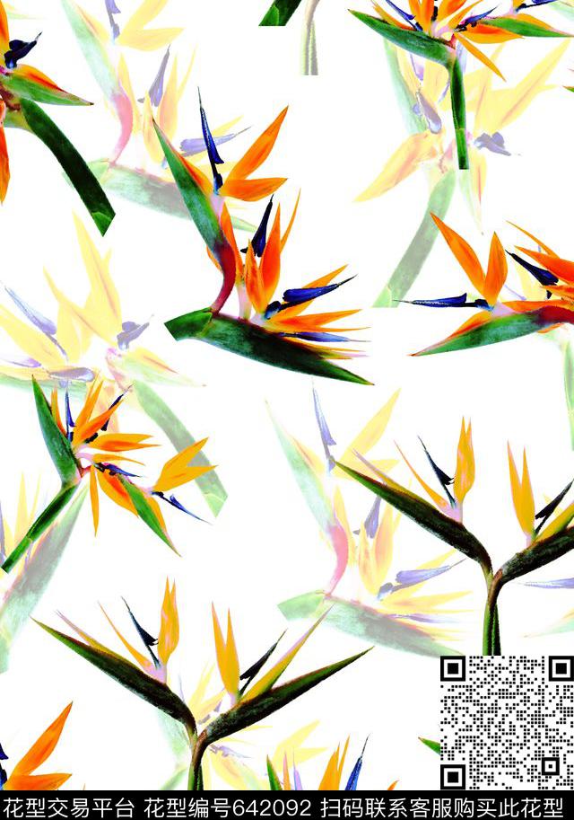 天堂鸟淡雅水彩风格数码印花华亿平台下载（图片编号: 642092） - 瓦栏（Walan）