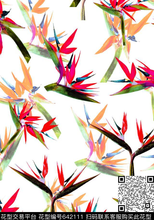 天堂鸟淡雅水彩风格数码印花华亿平台下载（图片编号: 642111） - 瓦栏（Walan）