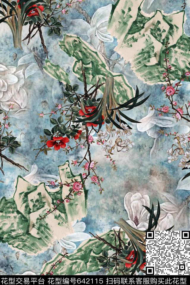 中国风兰花石头数码印花华亿平台下载（图片编号: 642115） - 瓦栏（Walan）