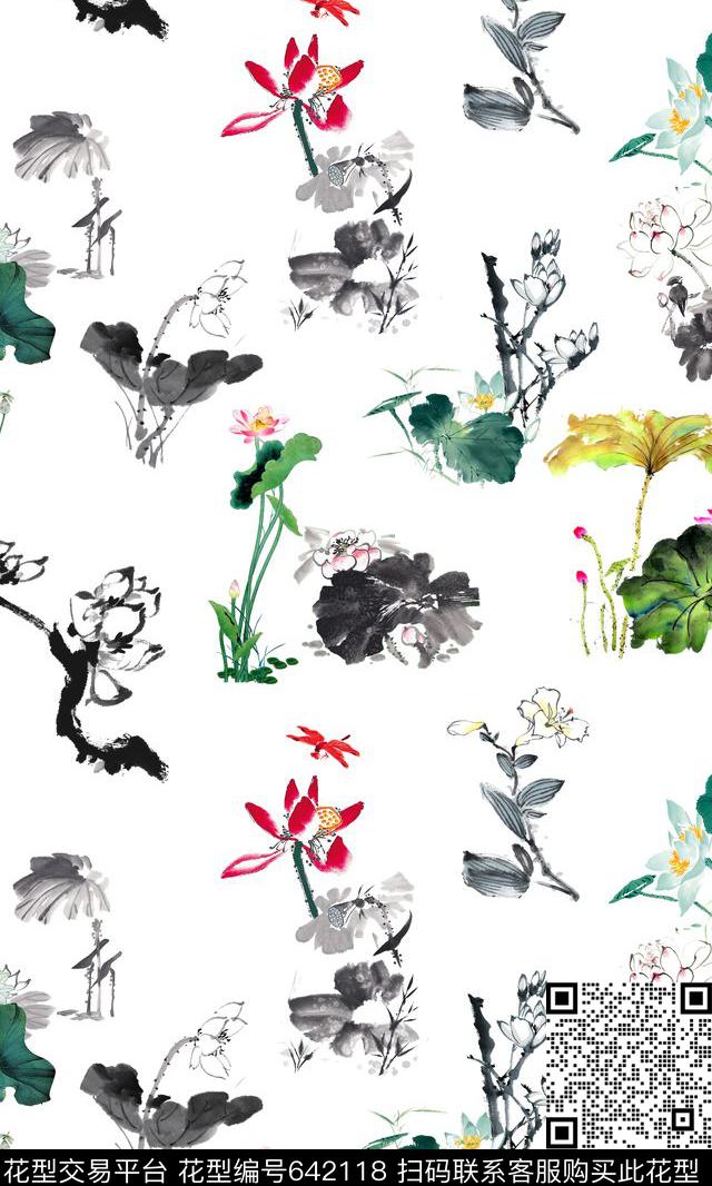 花朵荷花花卉传统印花华亿平台下载（图片编号: 642118） - 瓦栏（Walan）