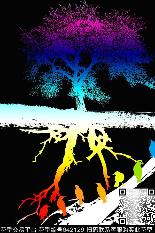 黑底鸟笔触数码印花华亿平台下载（图片编号: 642129） - 瓦栏（Walan）