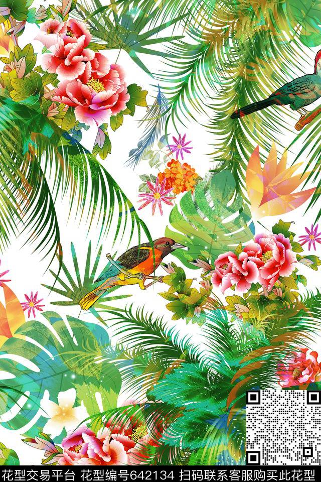 棕榈叶热带L.D~叶子数码印花华亿平台下载（图片编号: 642134） - 瓦栏（Walan）