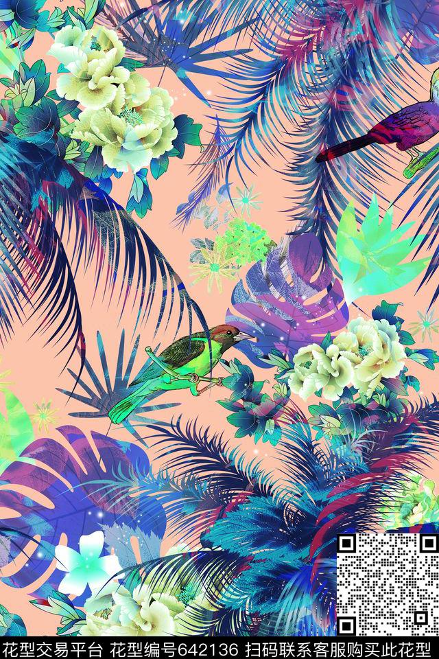 棕榈叶热带L.D~叶子数码印花华亿平台下载（图片编号: 642136） - 瓦栏（Walan）