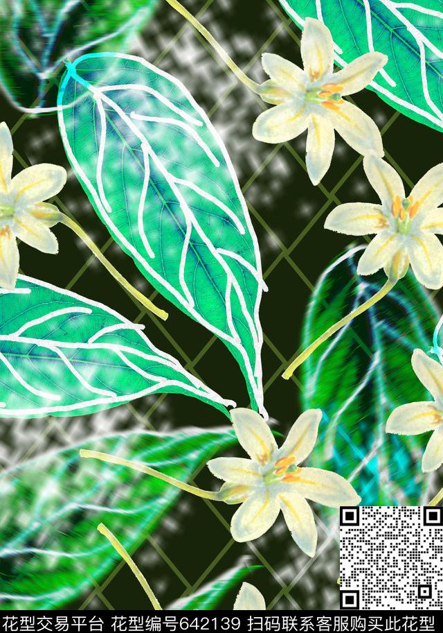 树叶花数码印花华亿平台下载（图片编号: 642139） - 瓦栏（Walan）