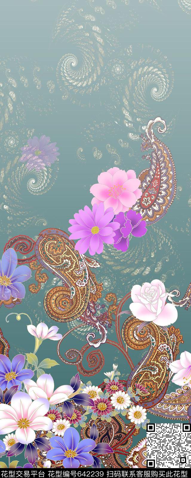 腰果花定位传统花卉数码印花华亿平台下载（图片编号: 642239） - 瓦栏（Walan）