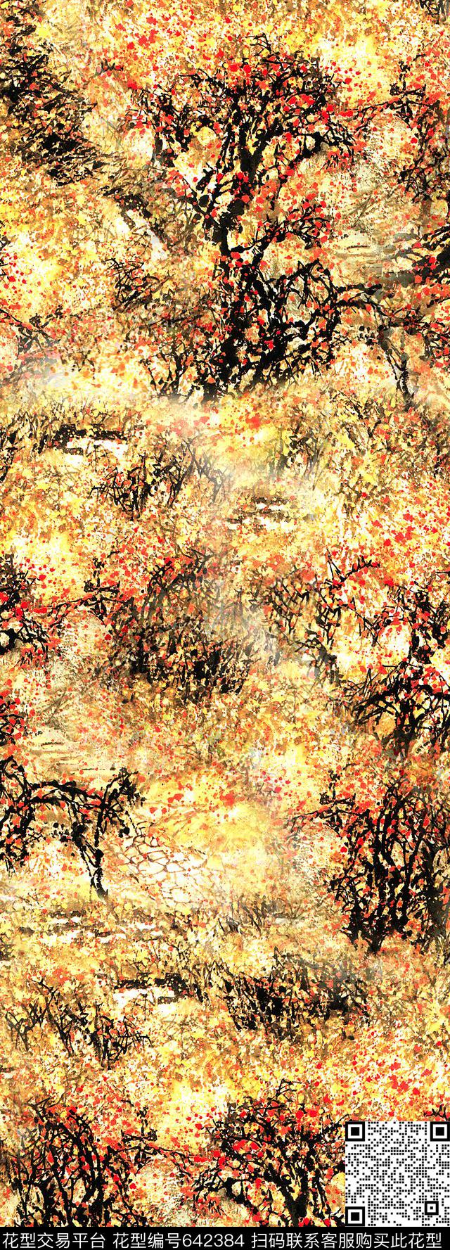 花卉水墨梅花数码印花华亿平台下载（图片编号: 642384） - 瓦栏（Walan）