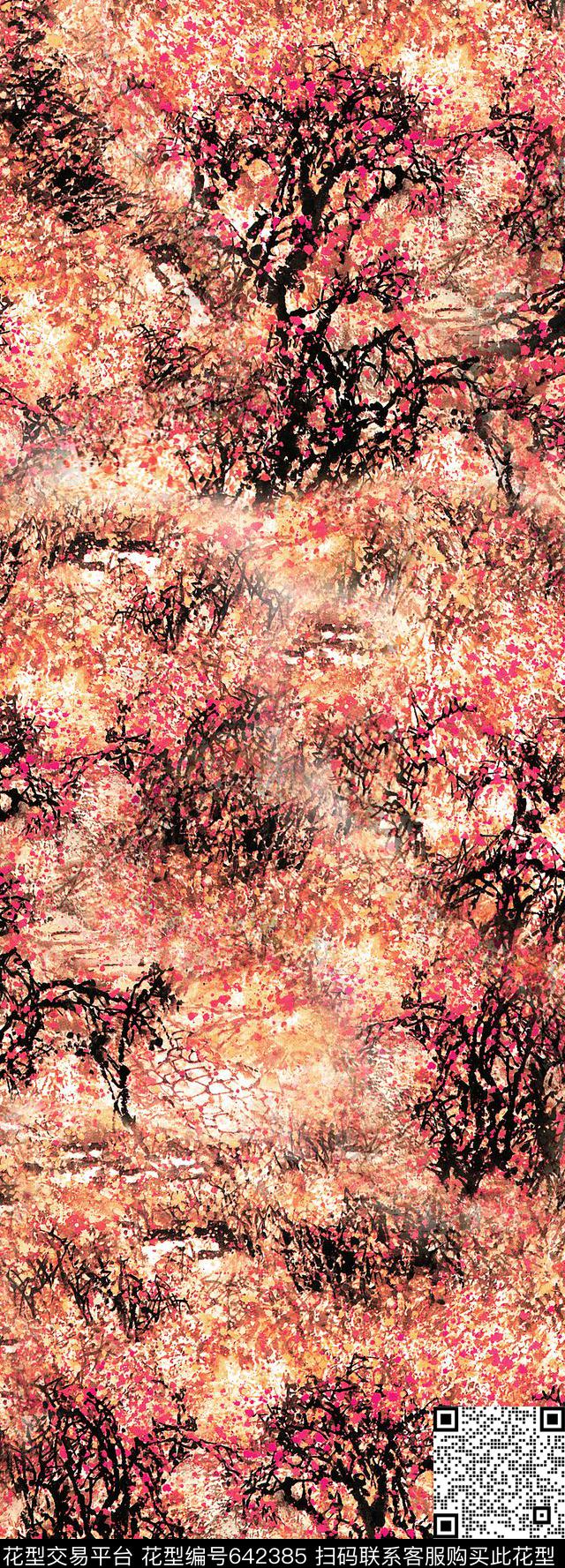 花卉水墨梅花数码印花华亿平台下载（图片编号: 642385） - 瓦栏（Walan）