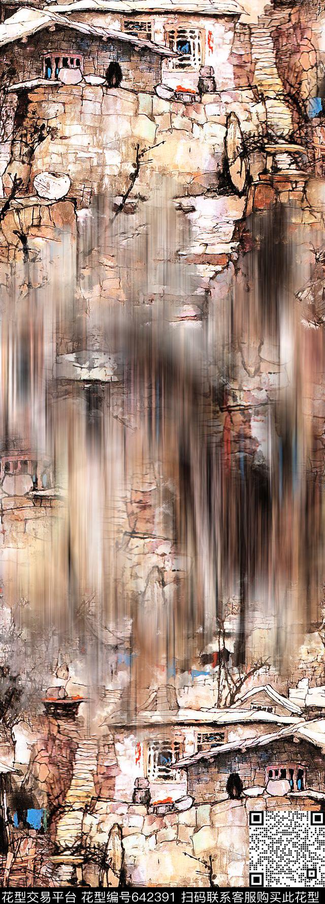 风景水墨油画风景数码印花华亿平台下载（图片编号: 642391） - 瓦栏（Walan）