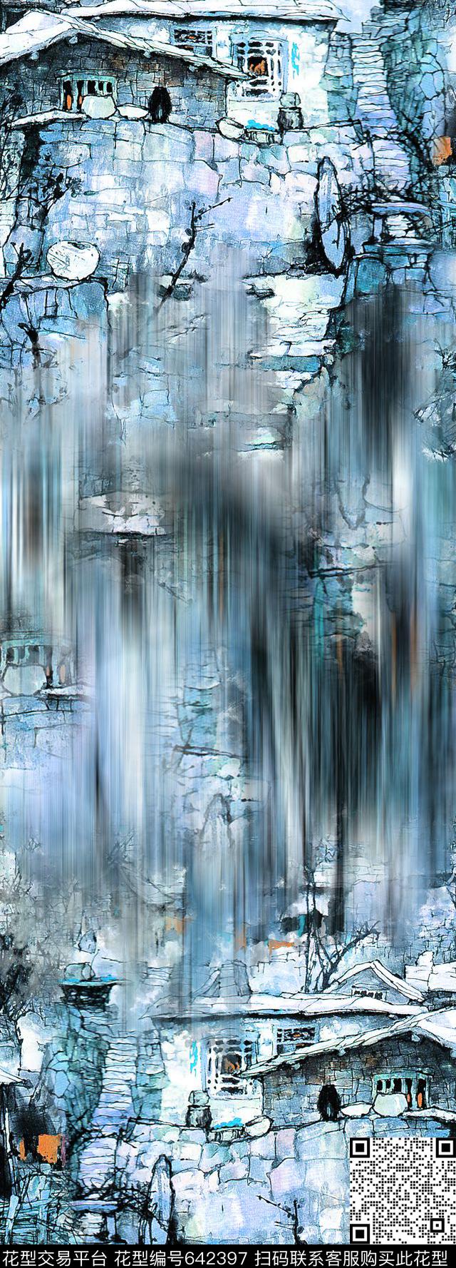 风景水墨油画风景数码印花华亿平台下载（图片编号: 642397） - 瓦栏（Walan）