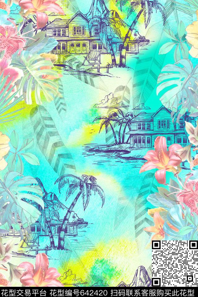 花朵热带羽毛数码印花华亿平台下载（图片编号: 642420） - 瓦栏（Walan）