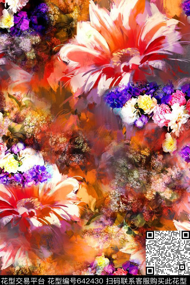 水墨花朵花卉数码印花华亿平台下载（图片编号: 642430） - 瓦栏（Walan）
