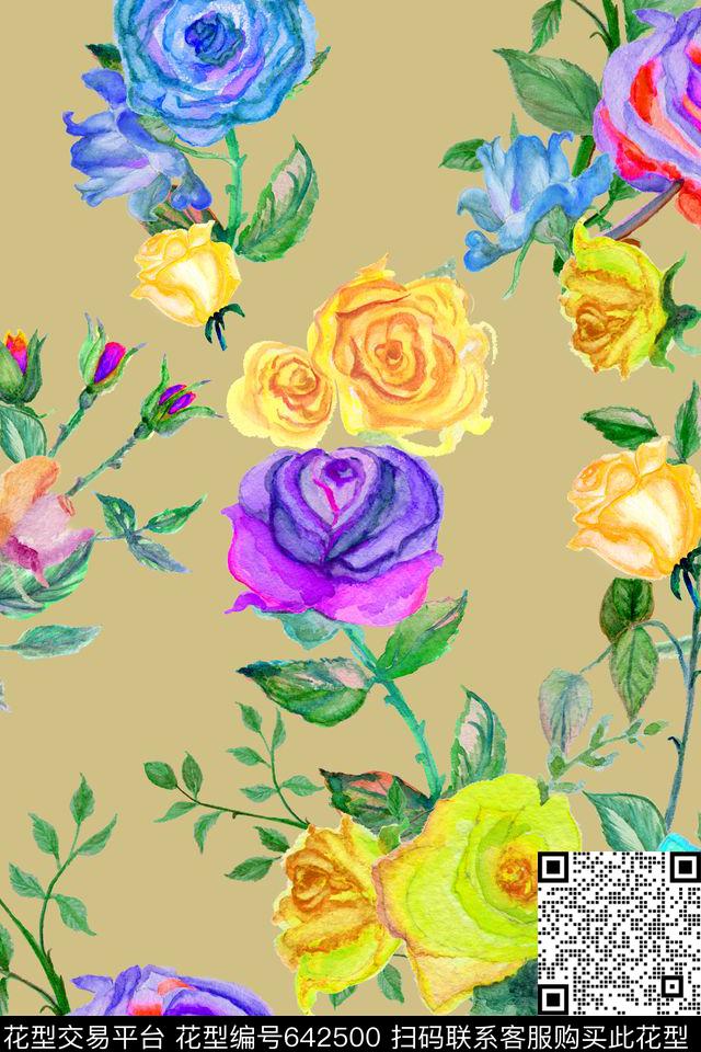布艺家纺手绘花卉水彩花卉数码印花华亿平台下载（图片编号: 642500） - 瓦栏（Walan）