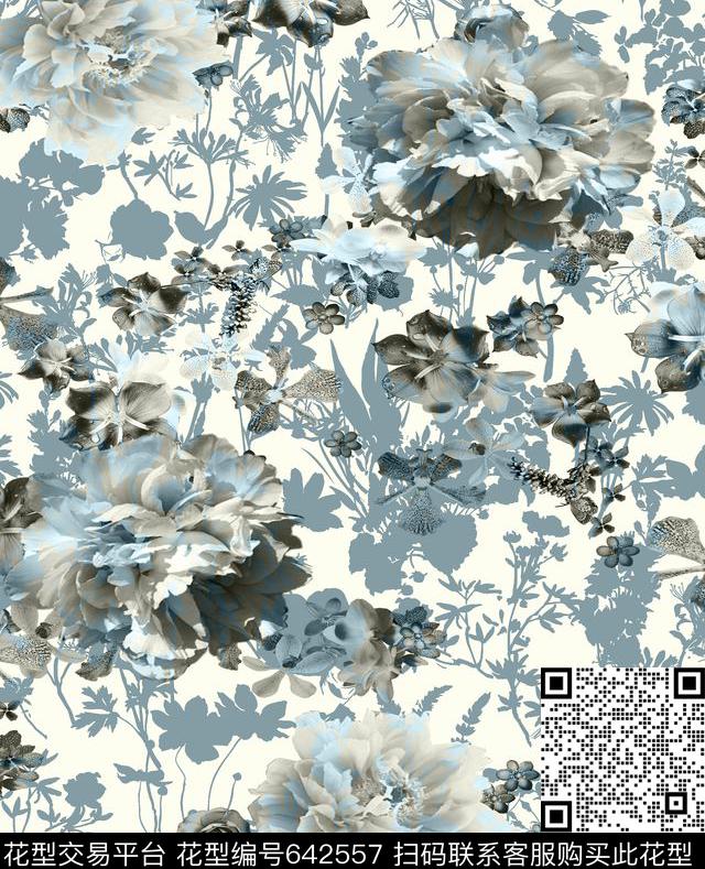 水墨剪影花卉数码印花华亿平台下载（图片编号: 642557） - 瓦栏（Walan）