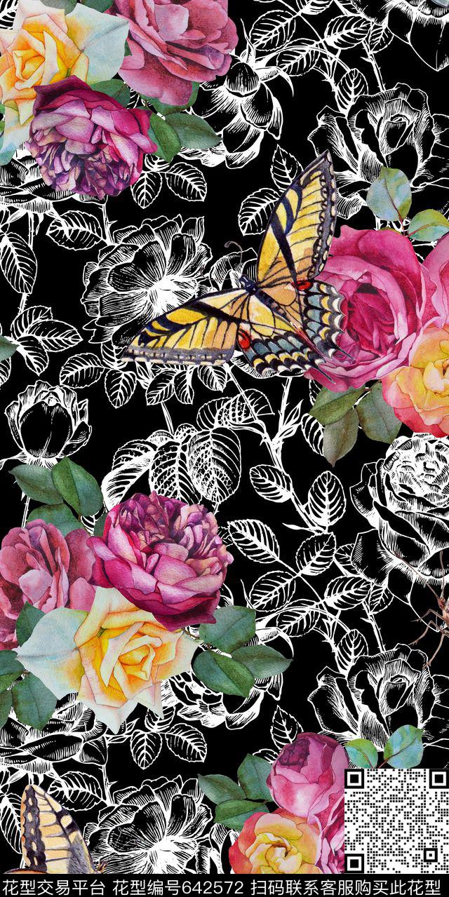 玫瑰蝴蝶花卉数码印花华亿平台下载（图片编号: 642572） - 瓦栏（Walan）