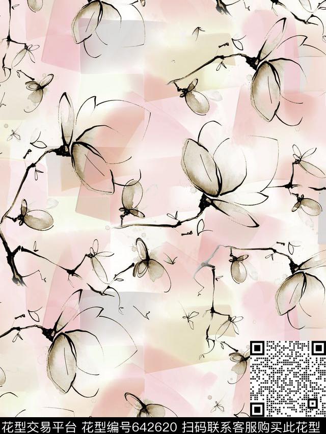 大花玉兰花不规则几何数码印花华亿平台下载（图片编号: 642620） - 瓦栏（Walan）