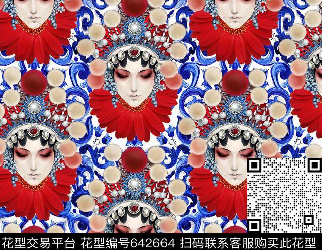 中国风京剧美女宫廷风数码印花华亿平台下载（图片编号: 642664） - 瓦栏（Walan）
