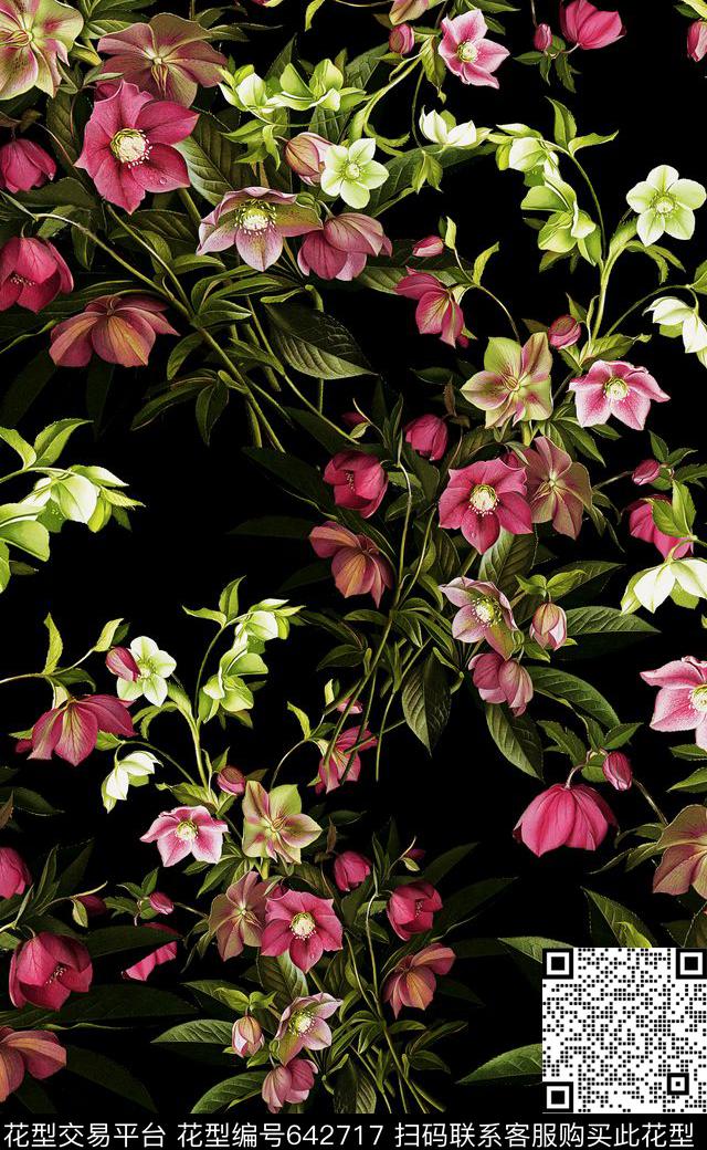 花卉秋冬款女装数码印花手绘花卉女装连衣裙数码印花华亿平台下载（图片编号: 642717） - 瓦栏（Walan）