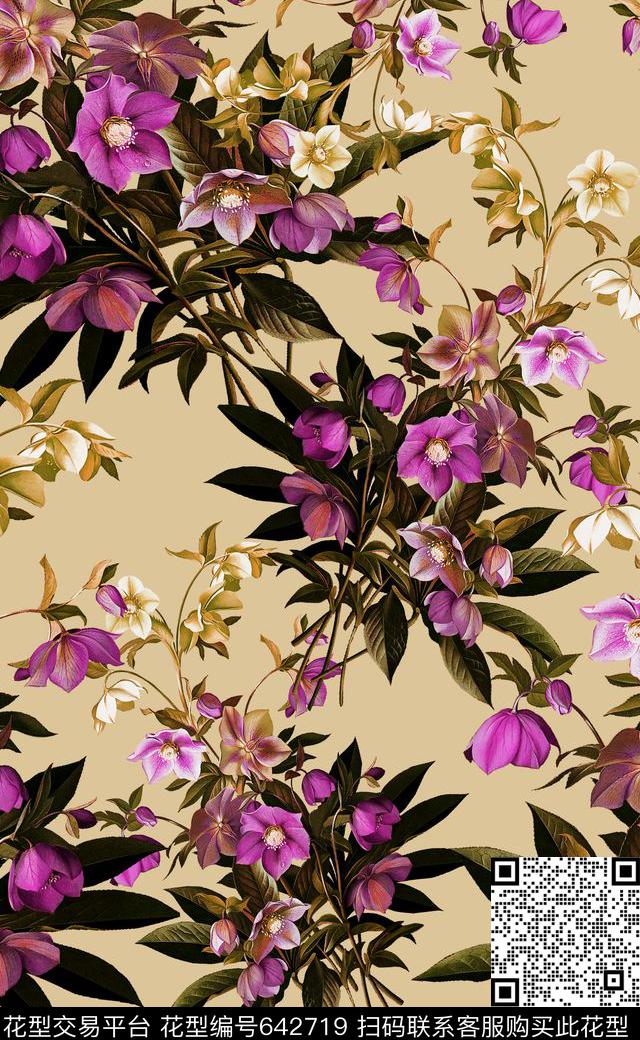 花卉秋冬款女装数码印花手绘花卉女装连衣裙数码印花华亿平台下载（图片编号: 642719） - 瓦栏（Walan）